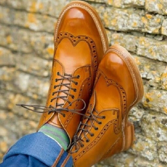 Men's Tan Brown Leather Wingtip Ankle High Boots