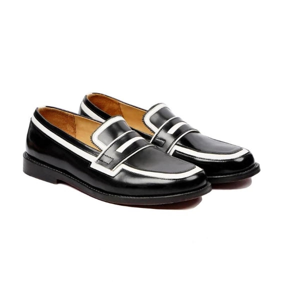 Handmade Men's Black & White Leather Penny Loafers