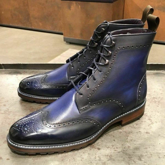 Handmade Men's Blue Patina Leather Wingtip Boots