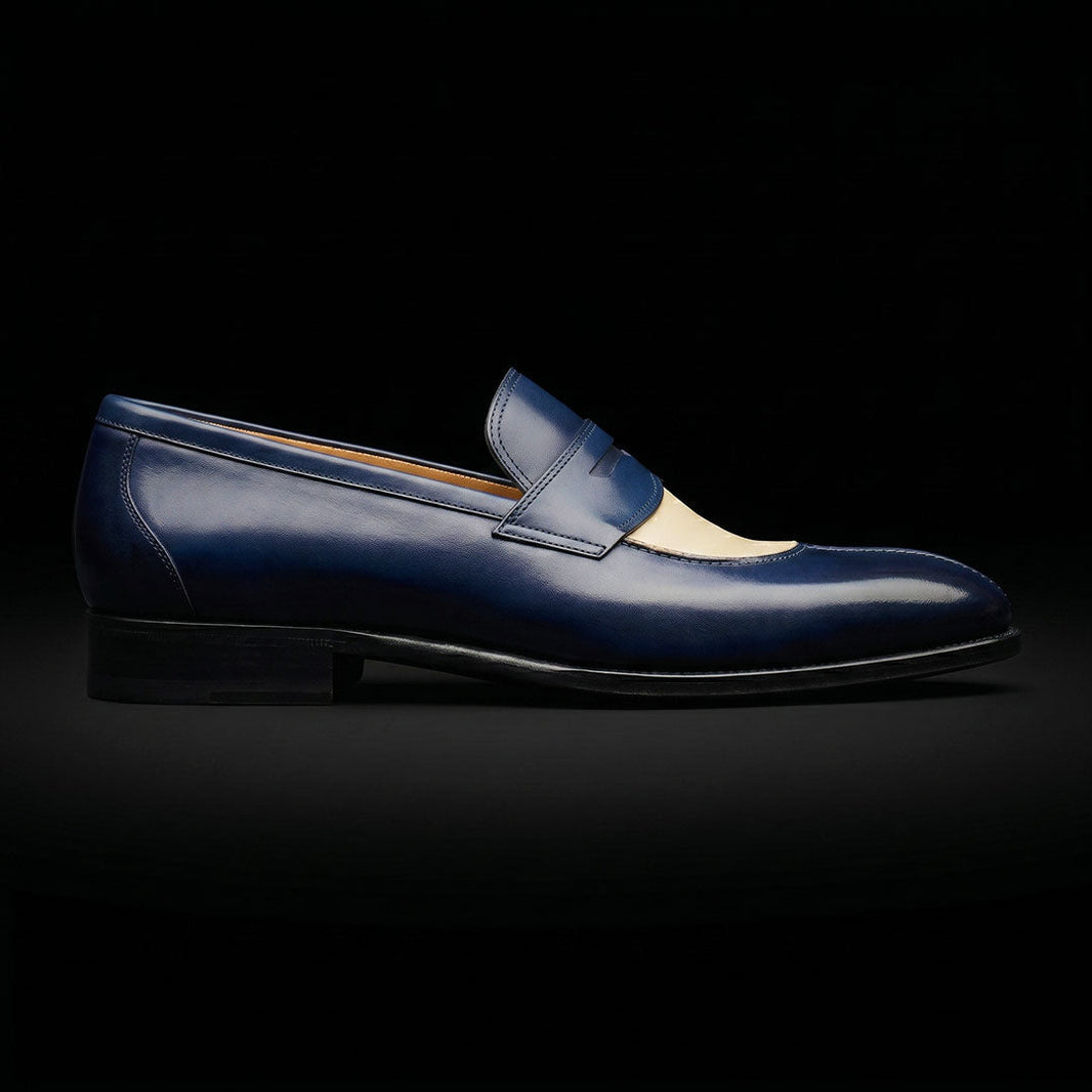 Sirmione Blue & Beige Patina Leather Moccasin Loafers