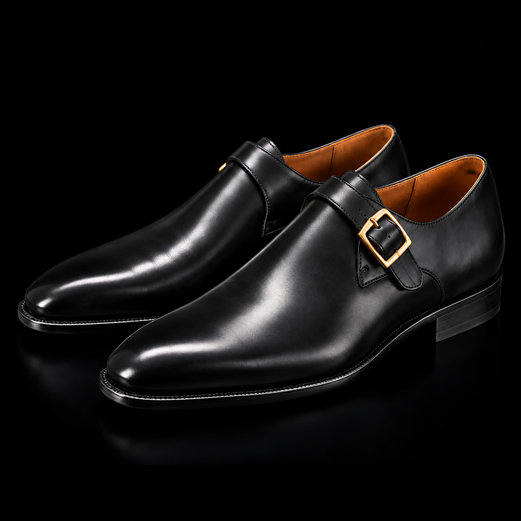 Brindisi Black Leather Monk Buckle Shoes