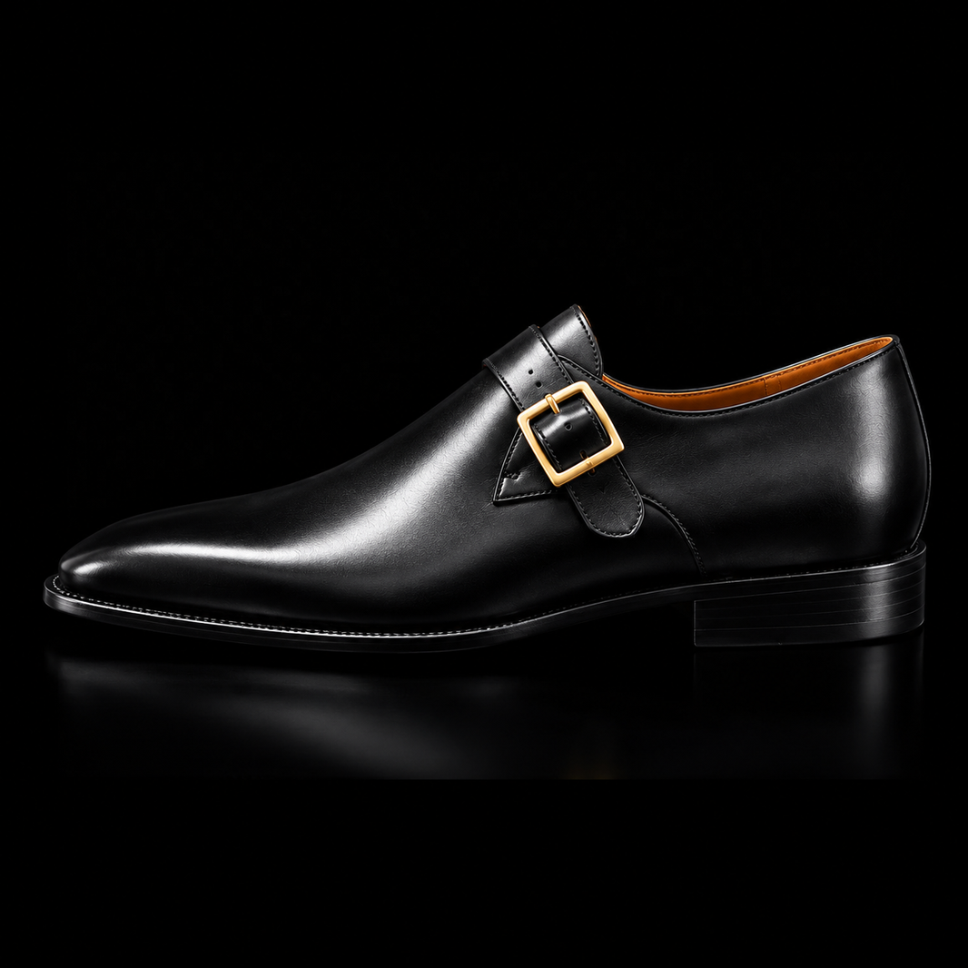 Brindisi Black Leather Monk Buckle Shoes