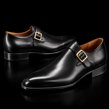 Brindisi Black Leather Monk Buckle Shoes