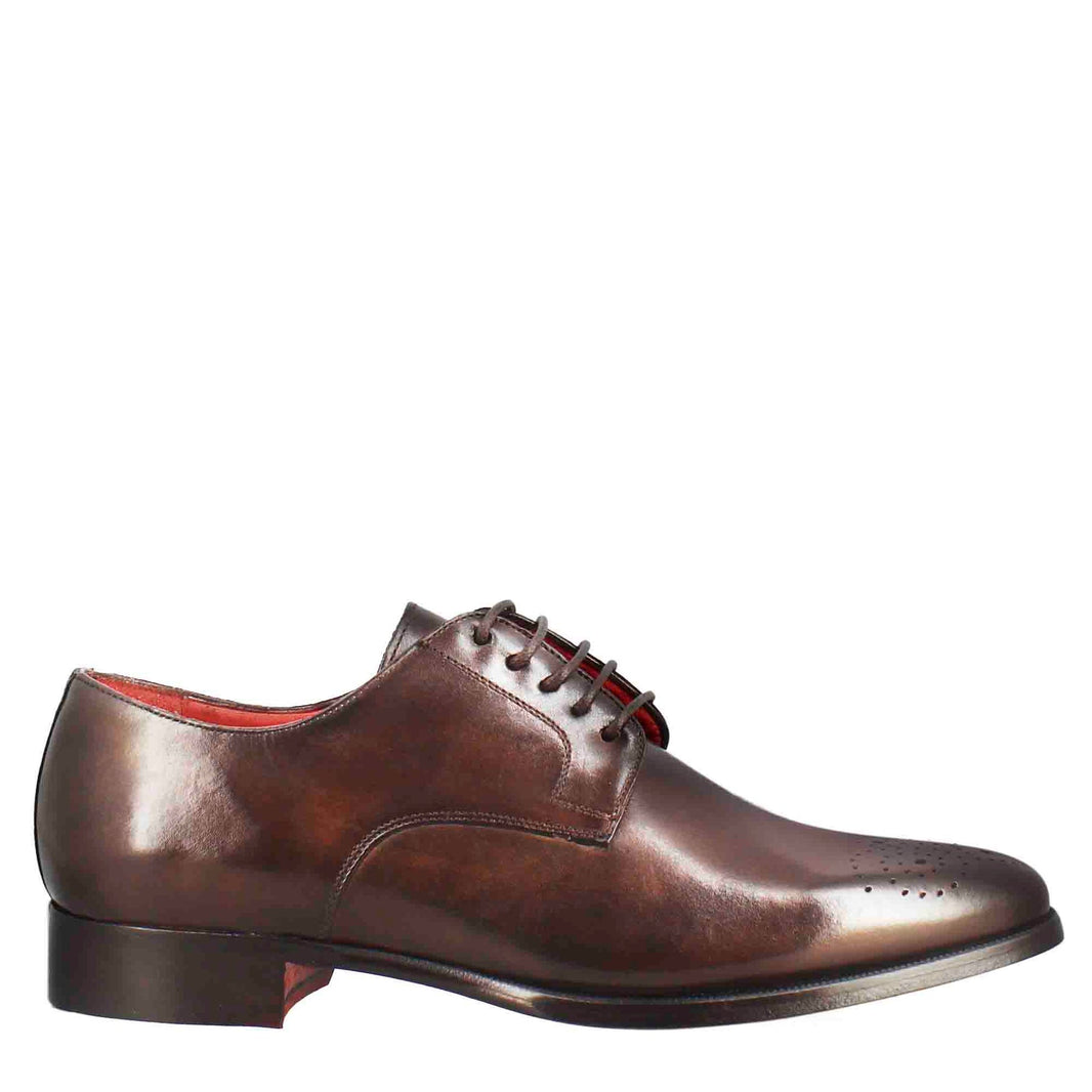 Milano derby in dark brown leather with square toe with design