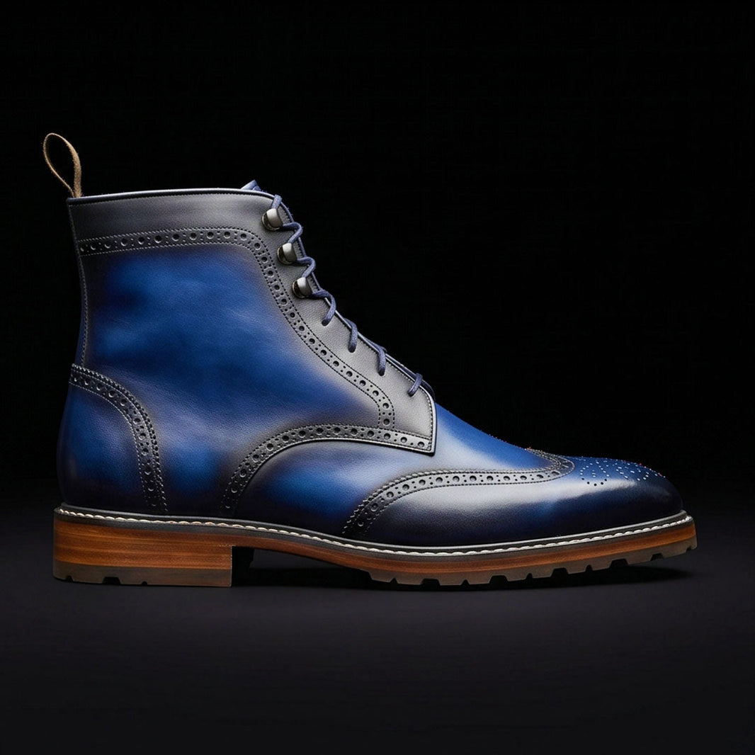 Susa Blue Patina Leather Wingtip Boots