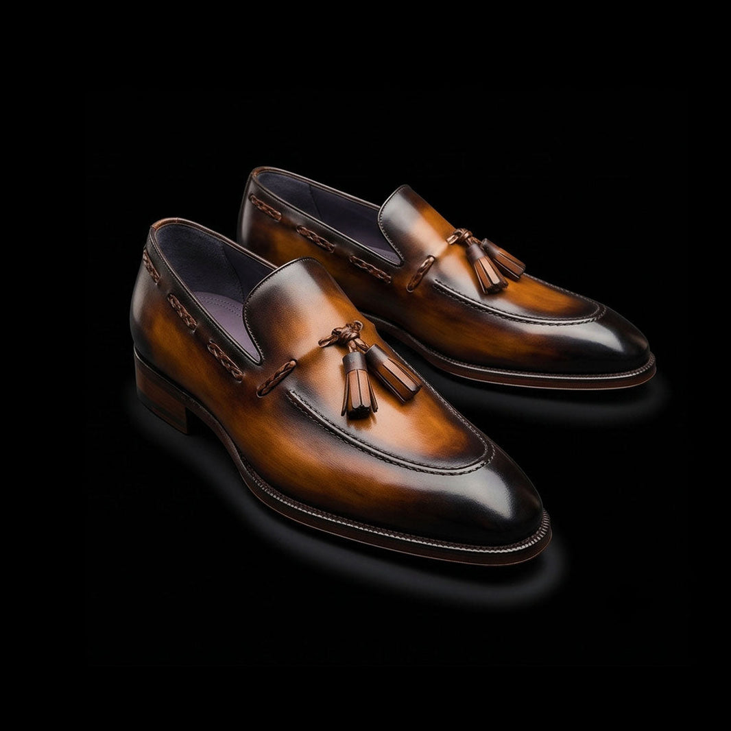 Cuneo Brown Patina Leather Tassel Loafers