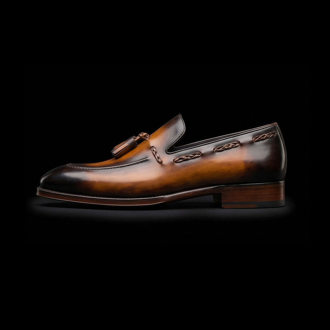 Cuneo Brown Patina Leather Tassel Loafers