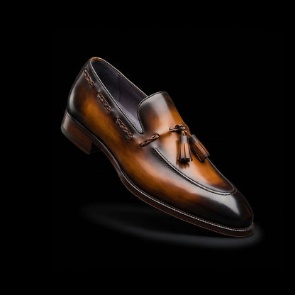 Cuneo Brown Patina Leather Tassel Loafers