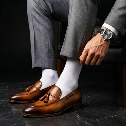Cuneo Brown Patina Leather Tassel Loafers