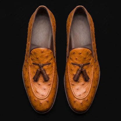 Portofino Tan Brown Ostrich Leather Tassel Loafers