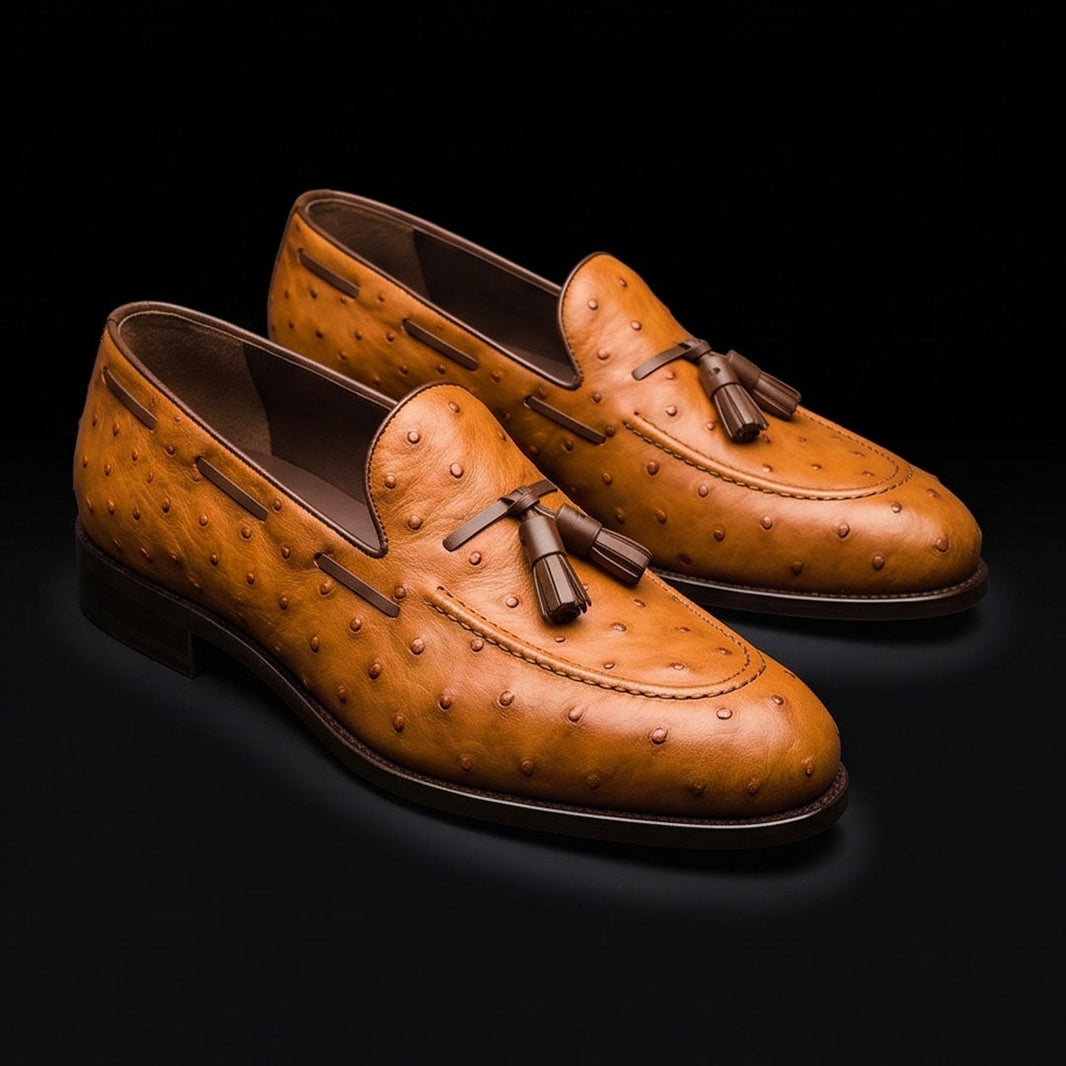Portofino Tan Brown Ostrich Leather Tassel Loafers