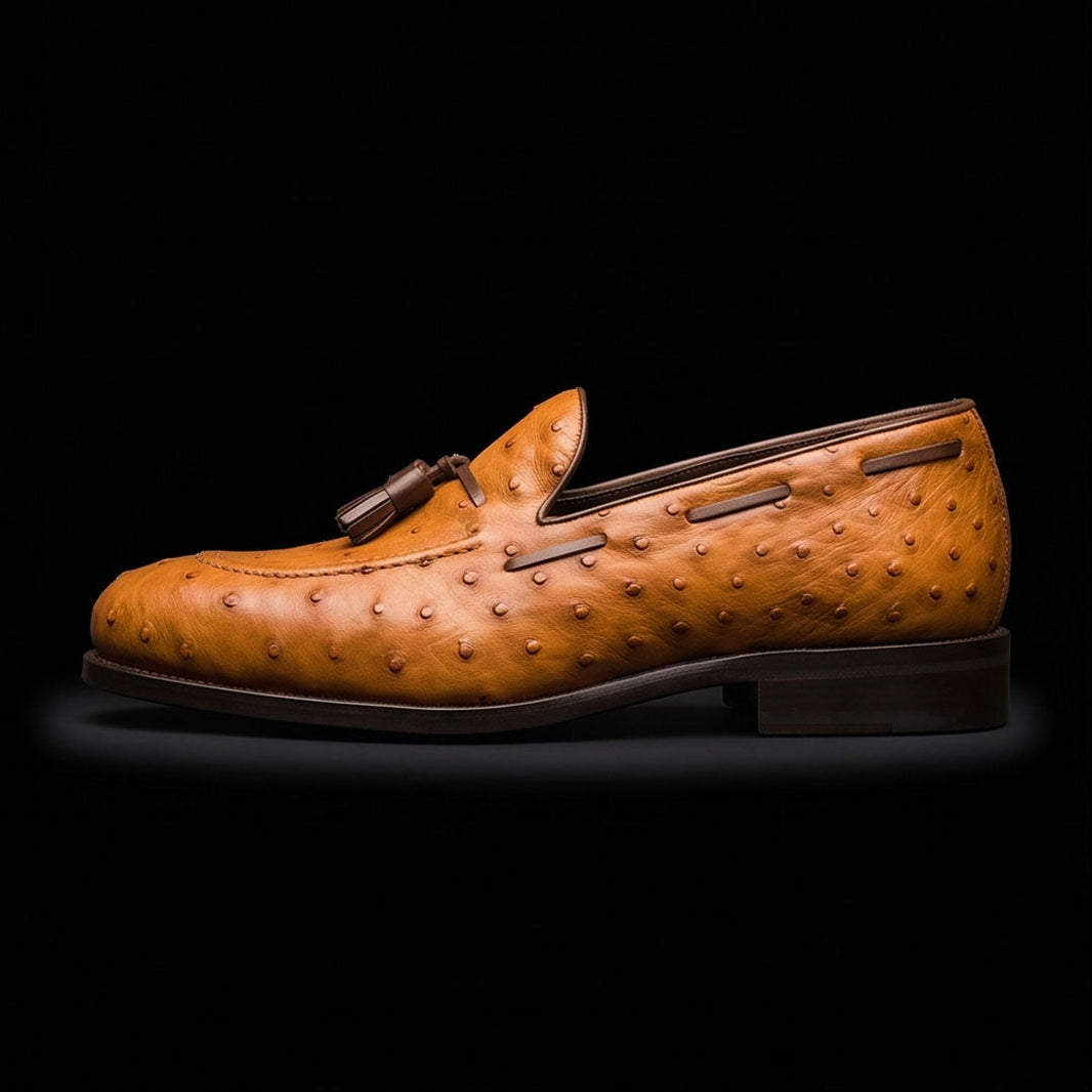 Portofino Tan Brown Ostrich Leather Tassel Loafers