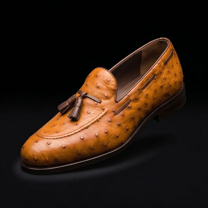 Portofino Tan Brown Ostrich Leather Tassel Loafers