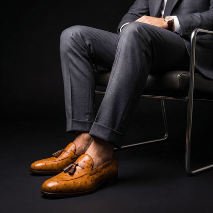 Portofino Tan Brown Ostrich Leather Tassel Loafers