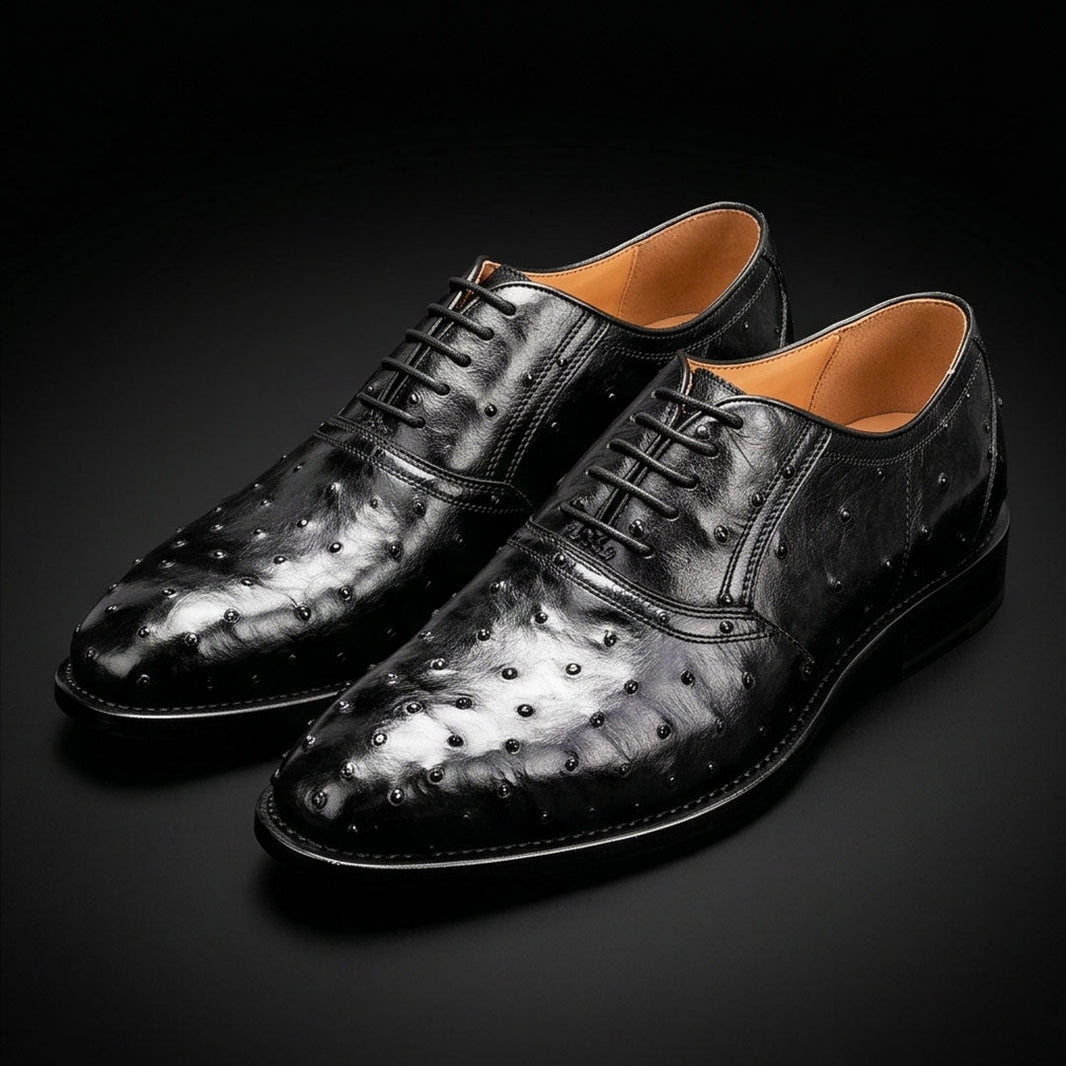 Latina Black Ostrich Impression Leather Oxford Shoes