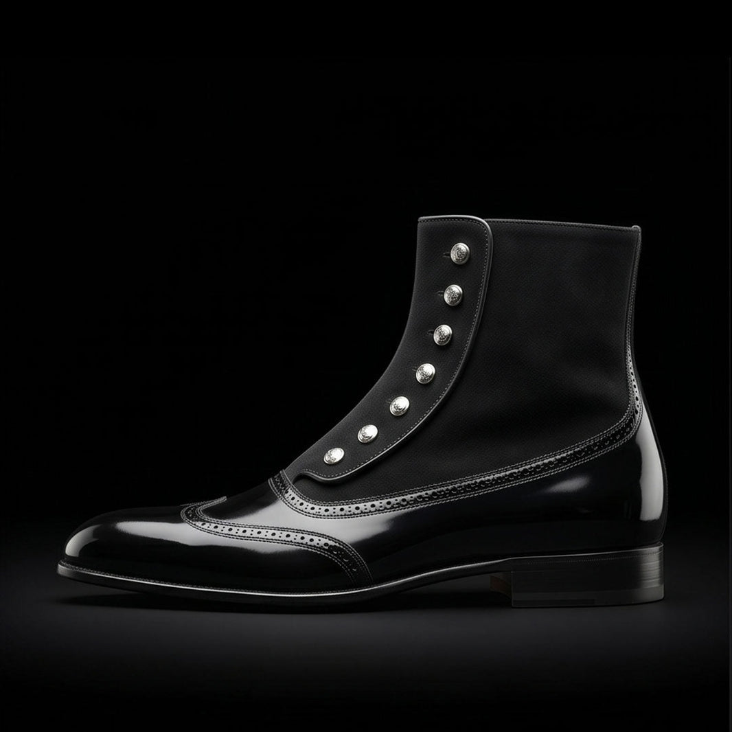 Lecce Black Patent Leather Ankle High Button Boots