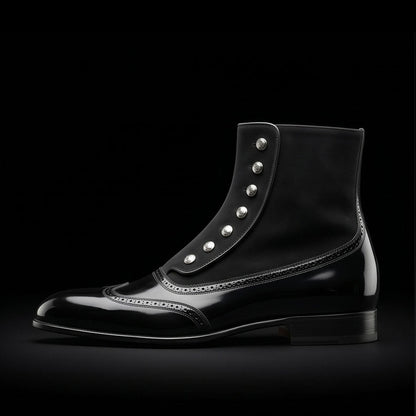 Lecce Black Patent Leather Ankle High Button Boots