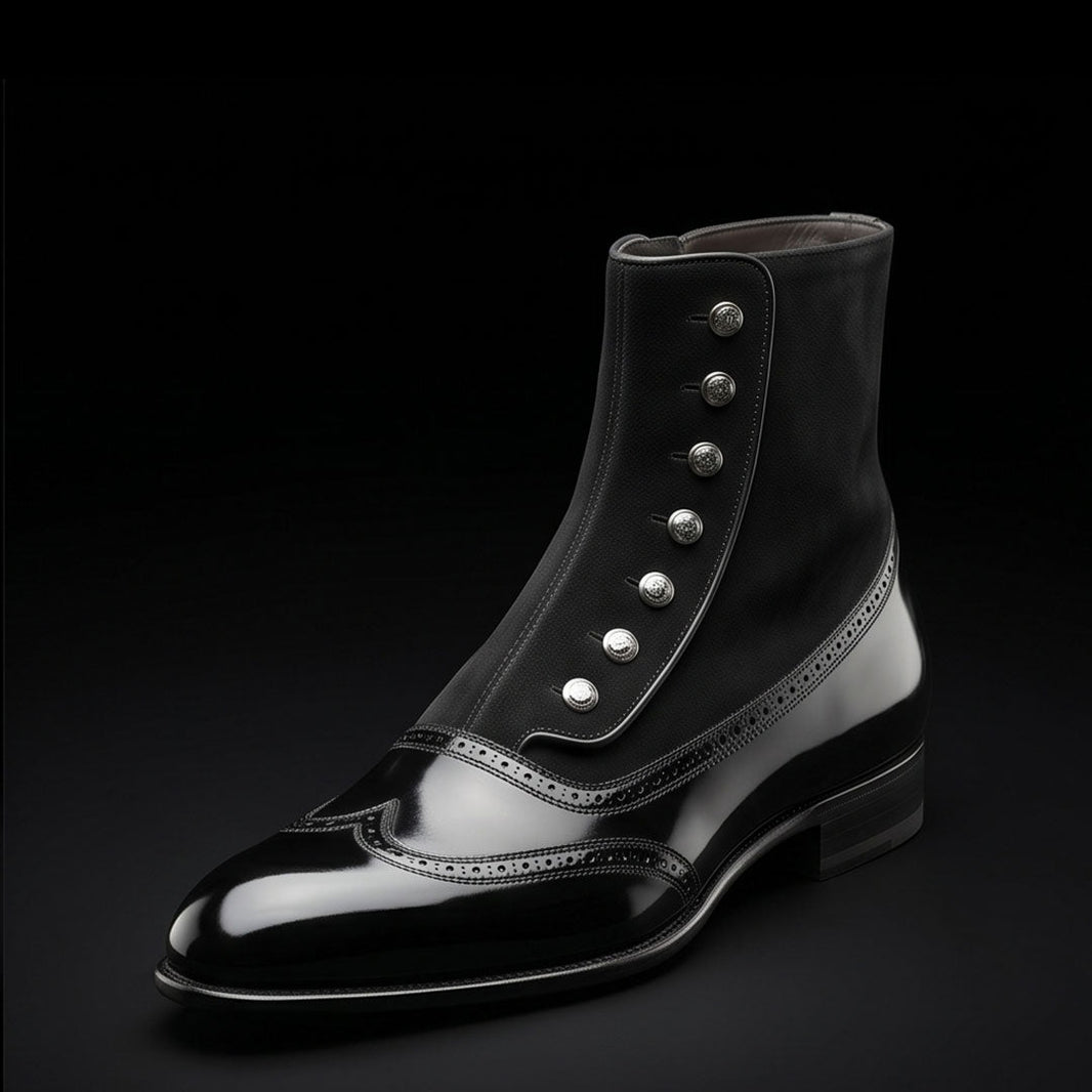 Lecce Black Patent Leather Ankle High Button Boots
