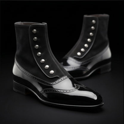 Lecce Black Patent Leather Ankle High Button Boots