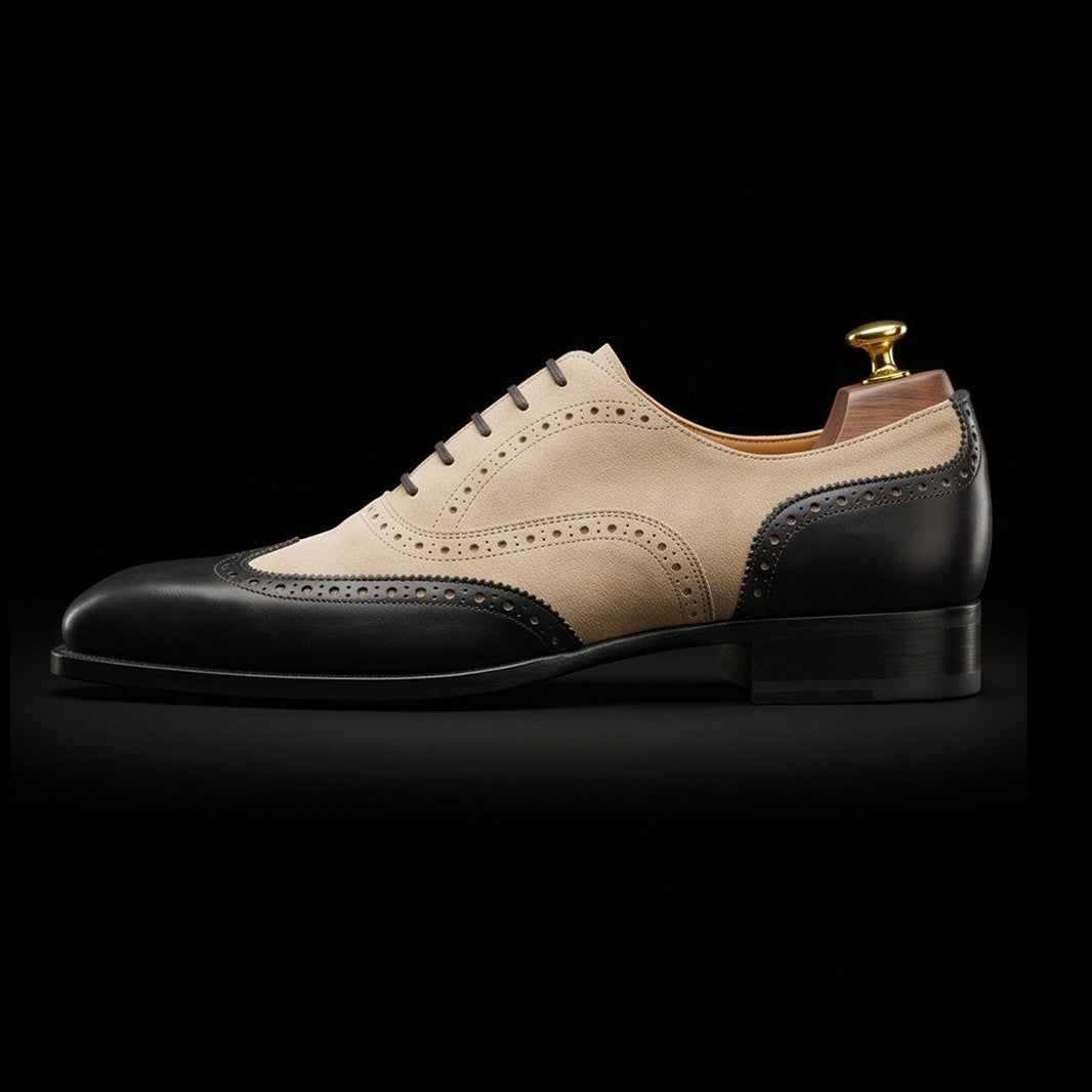 Modena Black & Beige Suede Leather Wingtip Oxford Shoes