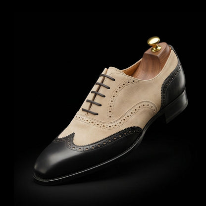 Modena Black & Beige Suede Leather Wingtip Oxford Shoes