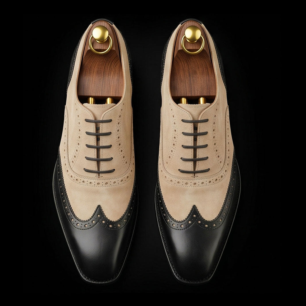 Modena Black & Beige Suede Leather Wingtip Oxford Shoes