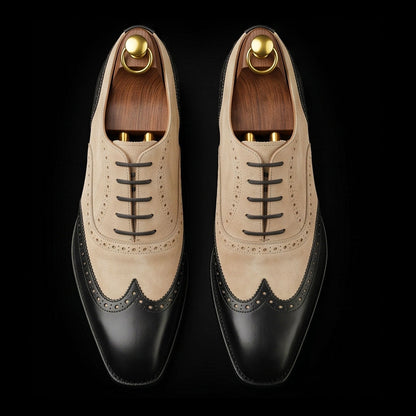 Modena Black & Beige Suede Leather Wingtip Oxford Shoes