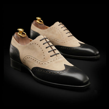 Modena Black & Beige Suede Leather Wingtip Oxford Shoes