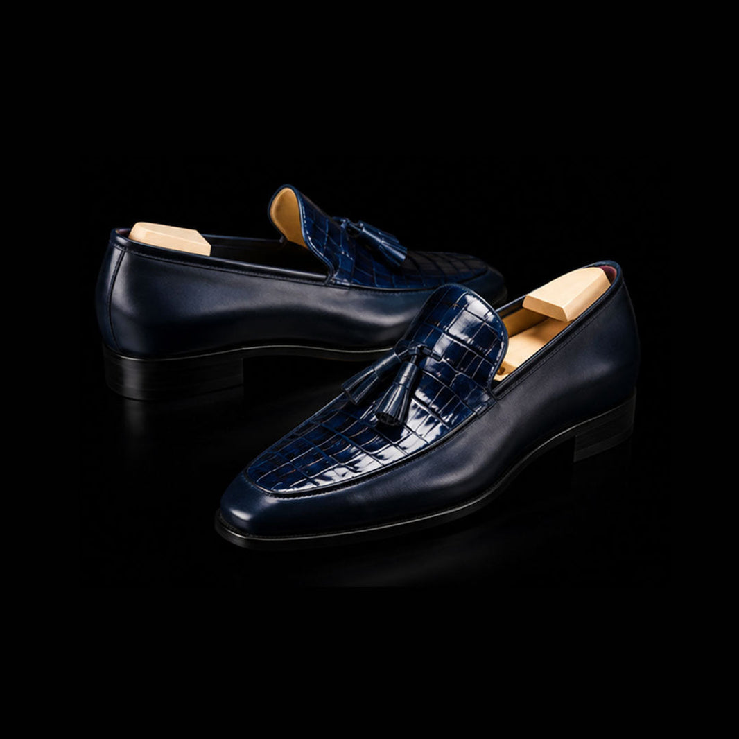 Cortina Blue Alligator Texture Leather Tassel Loafers