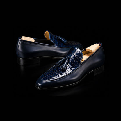 Cortina Blue Alligator Texture Leather Tassel Loafers