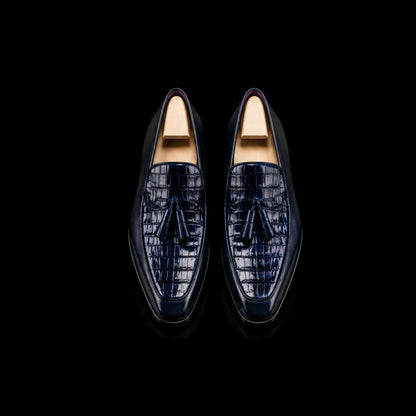 Cortina Blue Alligator Texture Leather Tassel Loafers