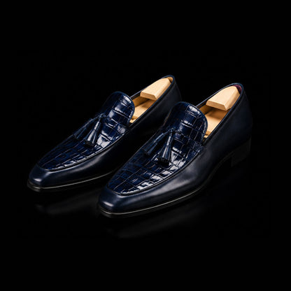 Cortina Blue Alligator Texture Leather Tassel Loafers