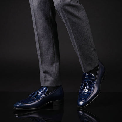 Cortina Blue Alligator Texture Leather Tassel Loafers