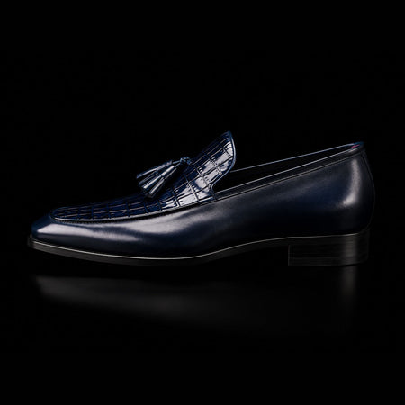 Cortina Blue Alligator Texture Leather Tassel Loafers