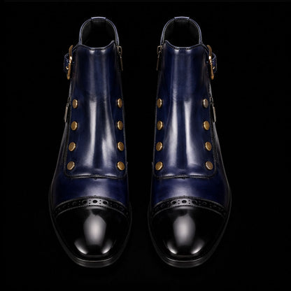 Cerignola Blue Patina Leather Ankle High Military Boots