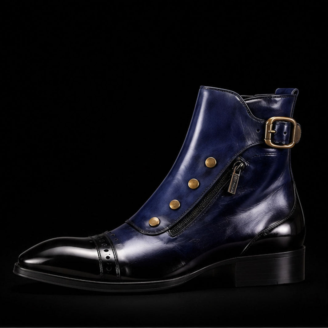 Cerignola Blue Patina Leather Ankle High Military Boots