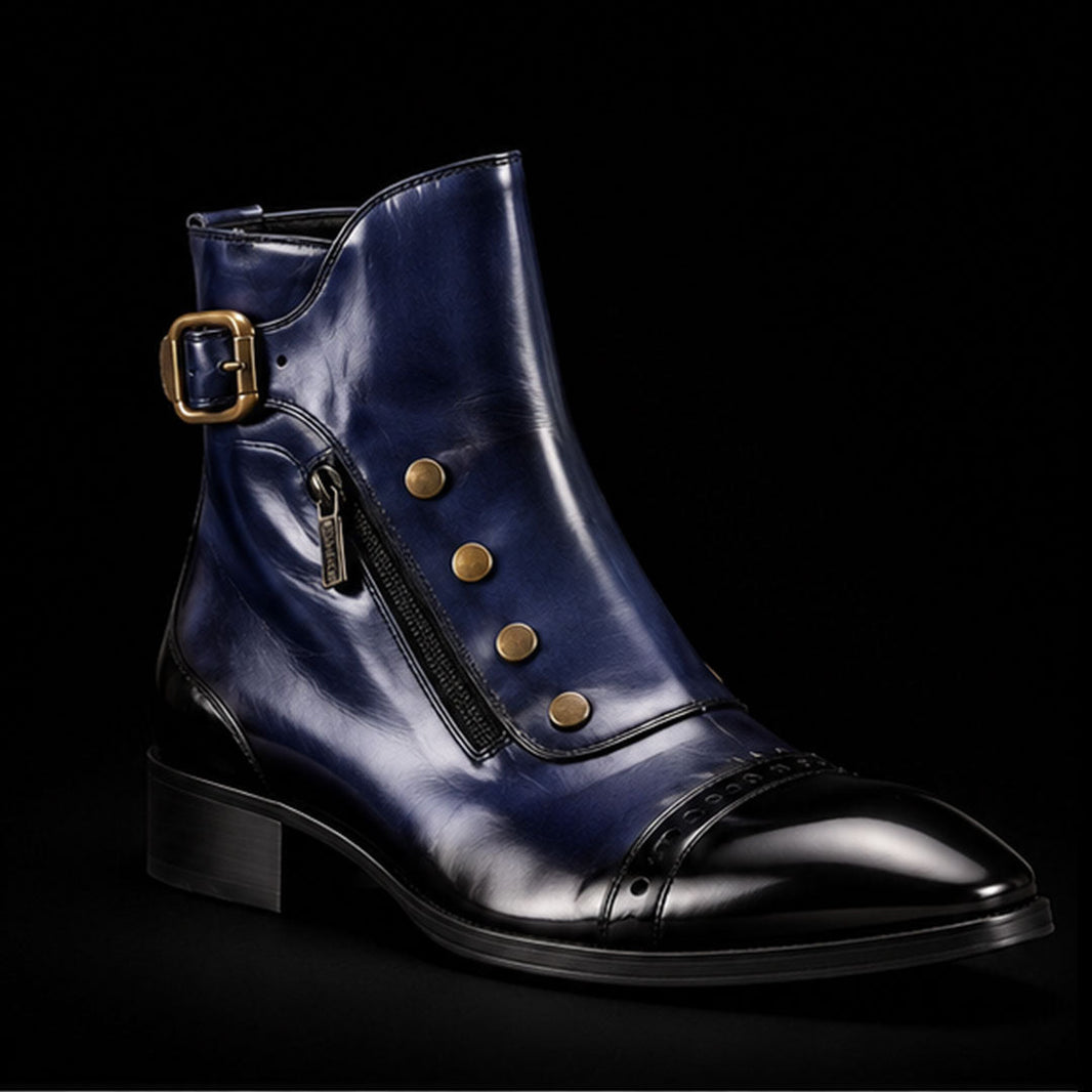 Cerignola Blue Patina Leather Ankle High Military Boots