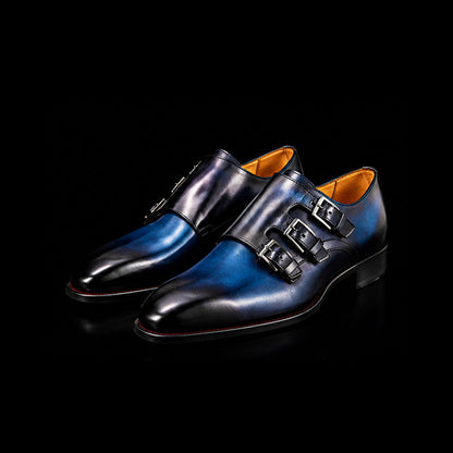 Vercelli Blue Patina Leather Triple Monk Dress Shoes