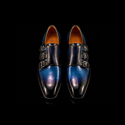 Vercelli Blue Patina Leather Triple Monk Dress Shoes