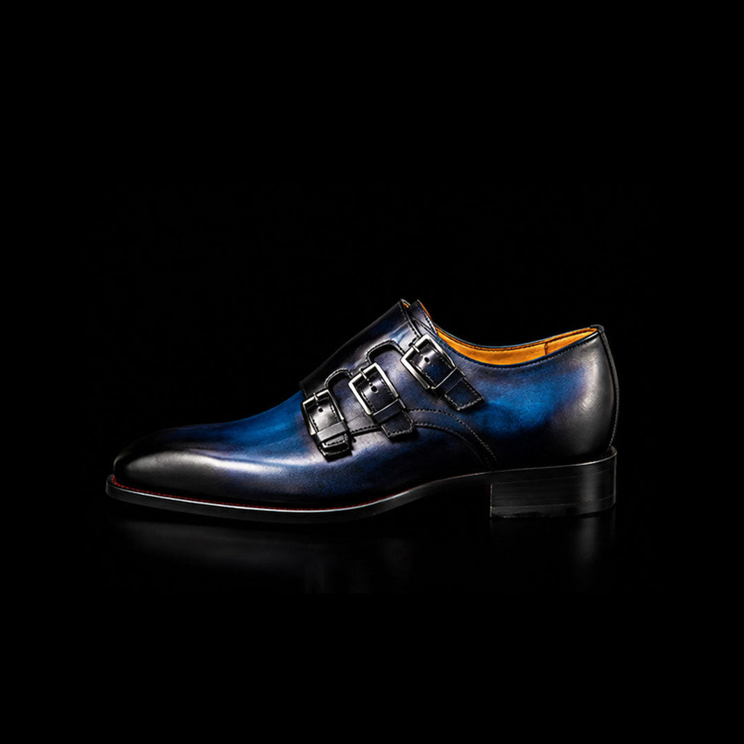 Vercelli Blue Patina Leather Triple Monk Dress Shoes