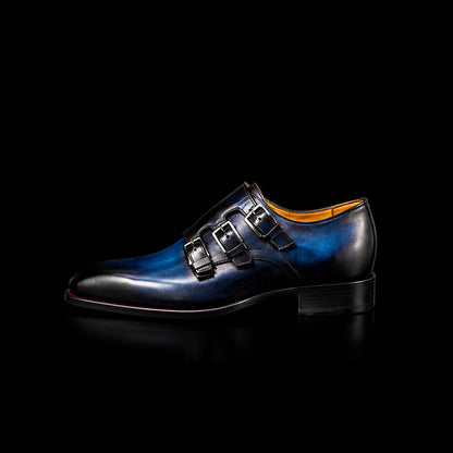 Vercelli Blue Patina Leather Triple Monk Dress Shoes