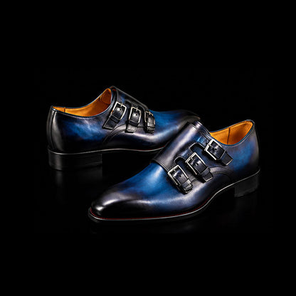 Vercelli Blue Patina Leather Triple Monk Dress Shoes