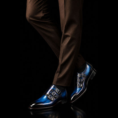 Vercelli Blue Patina Leather Triple Monk Dress Shoes
