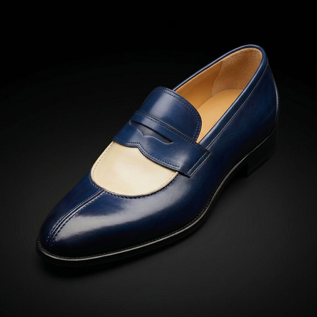 Sirmione Blue & Beige Patina Leather Moccasin Loafers