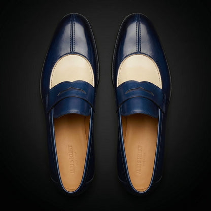Sirmione Blue & Beige Patina Leather Moccasin Loafers