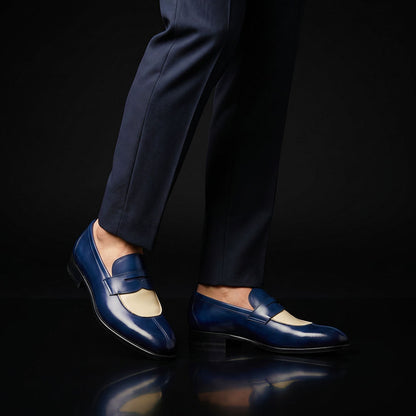 Sirmione Blue & Beige Patina Leather Moccasin Loafers