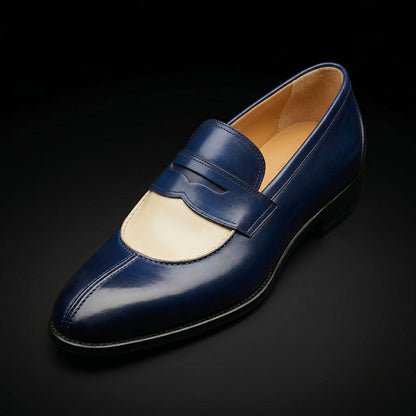 Sirmione Blue & Beige Patina Leather Moccasin Loafers