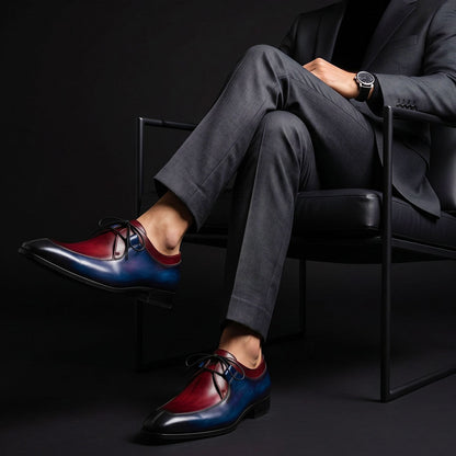 Pisa Blue & Burgundy Hand Painted Leather Shoes