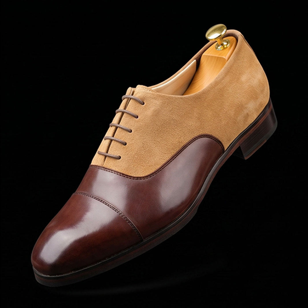 Lecco Brown-Beige Suede Leather Cap Toe Dress Shoes