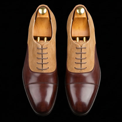 Lecco Brown-Beige Suede Leather Cap Toe Dress Shoes